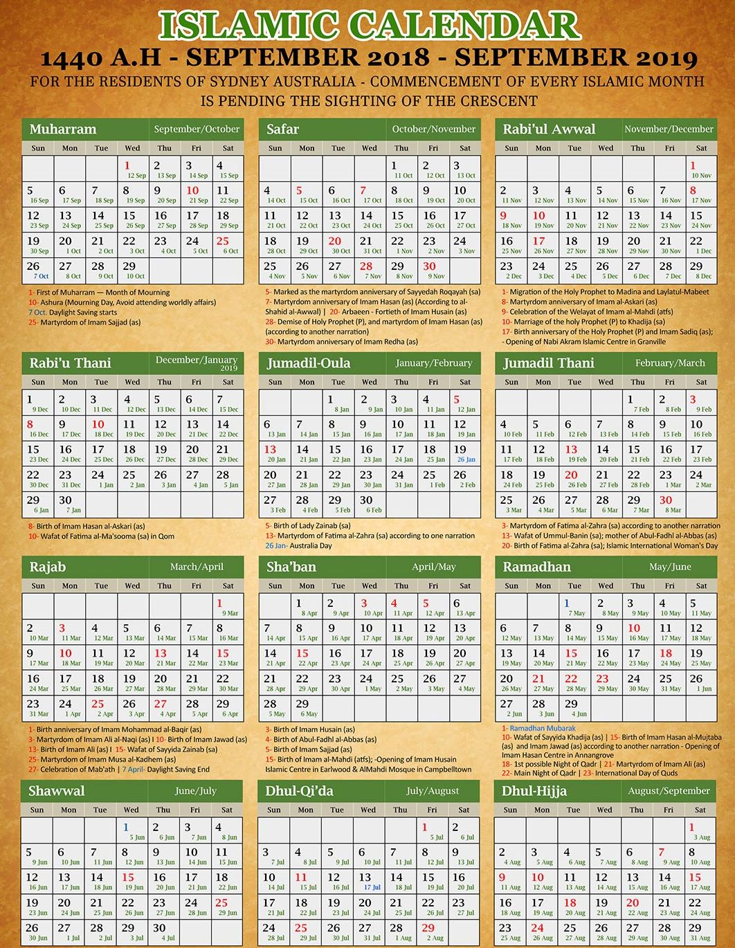 shia calendar 2019