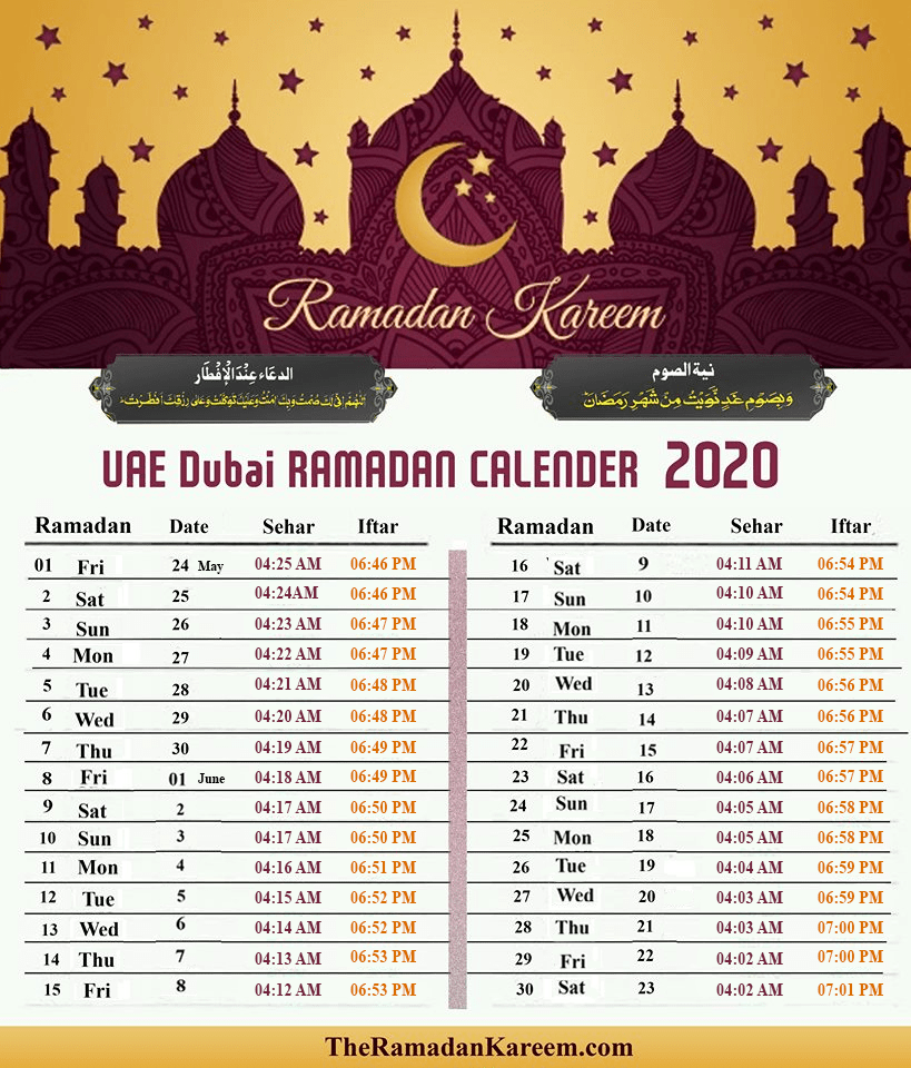 UAE Ramadan Timetable Fasting Prayer Sehri Iftari Timing 2020 